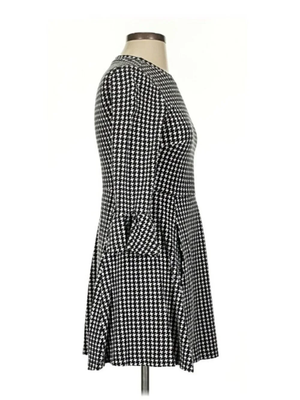 Kate Spade Dress Sz XS Black White Houndstooth Fit Flare Bell Sleeve Preppy Work